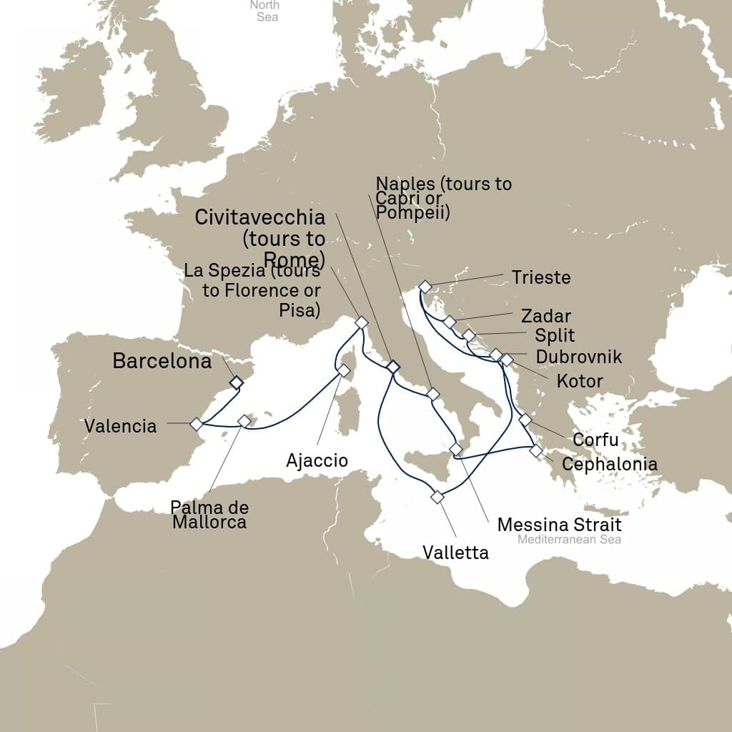 21 nights Mediterranean cruise on Queen Elizabeth 
from 🇮🇹 Civitavecchia to 🇪🇸 Barcelona 