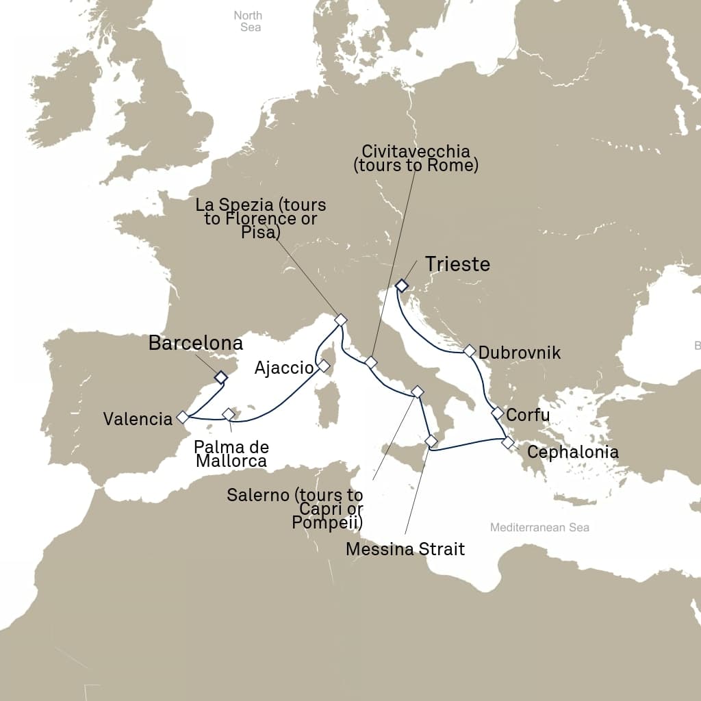 14 nights Mediterranean cruise on Queen Elizabeth
from ๐ฎ๐น Trieste to ๐ช๐ธ Barcelona