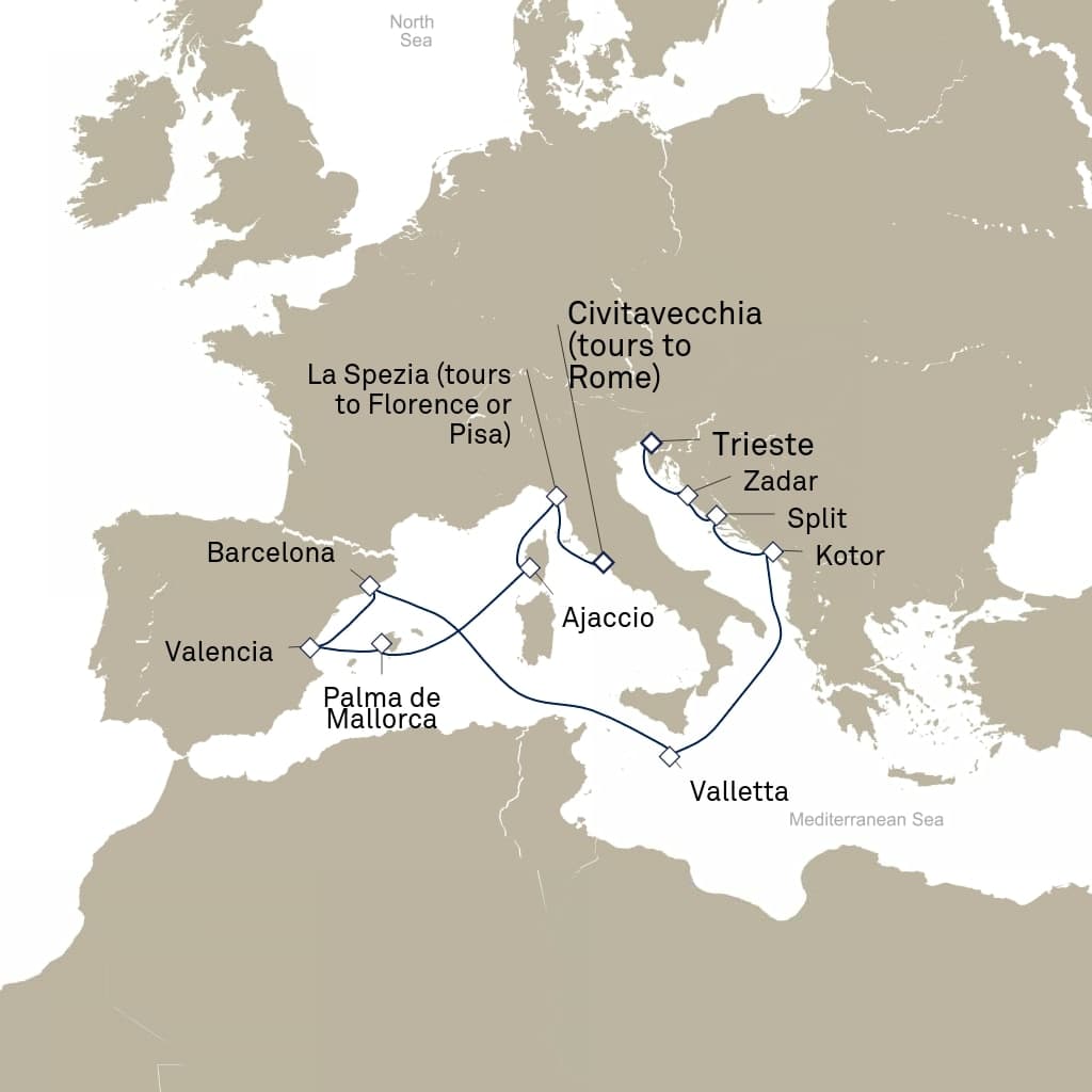 14 nights Mediterranean cruise on Queen Elizabeth
from ๐ฎ๐น Civitavecchia to ๐ฎ๐น Trieste