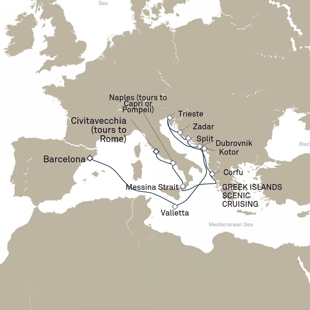 14 nights Mediterranean cruise on Queen Elizabeth 
from 🇪🇸 Barcelona to 🇮🇹 Civitavecchia 