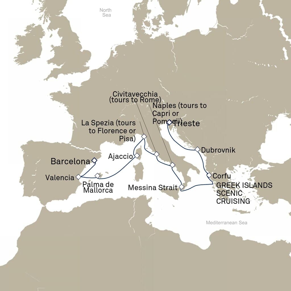 14 nights Mediterranean cruise on Queen Elizabeth 
from 🇮🇹 Trieste to 🇪🇸 Barcelona 
