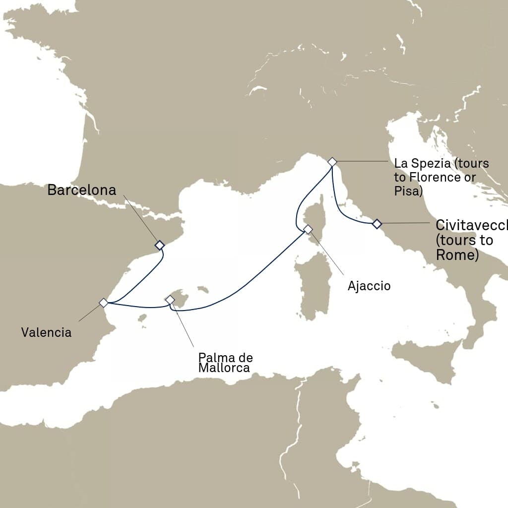 7 nights Mediterranean cruise on Queen Elizabeth 
from 🇮🇹 Civitavecchia to 🇪🇸 Barcelona 
