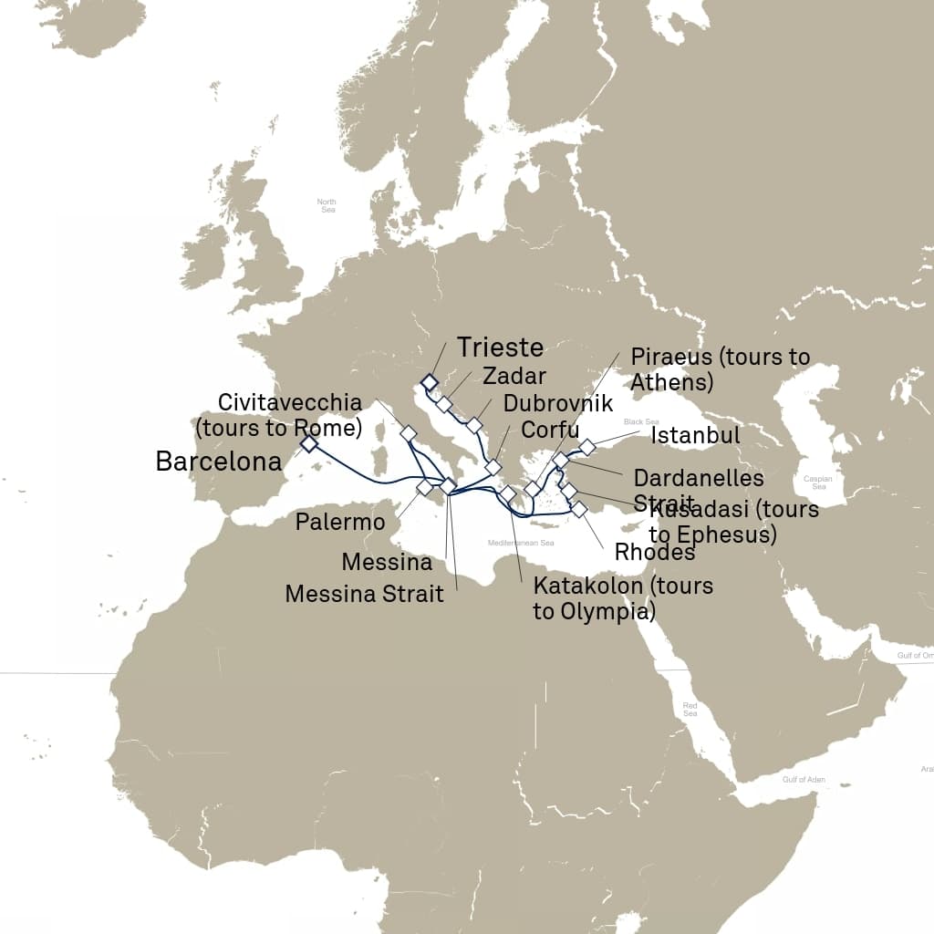 21 nights Mediterranean cruise on Queen Elizabeth 
from 🇪🇸 Barcelona to 🇮🇹 Trieste 