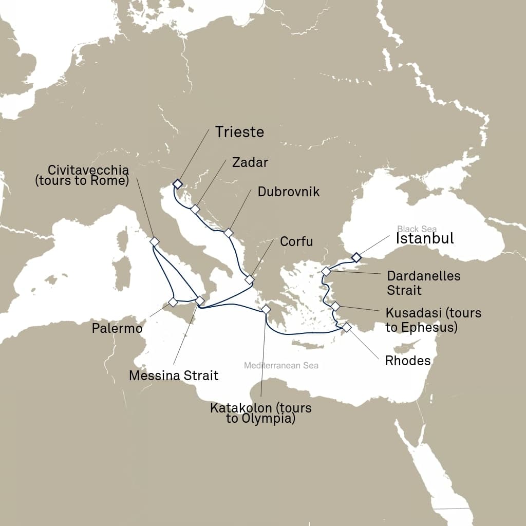 14 nights Mediterranean cruise on Queen Elizabeth 
from 🇹🇷 Istanbul to 🇮🇹 Trieste 