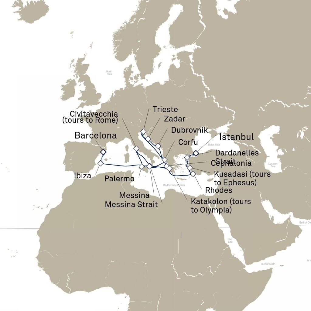 21 nights Mediterranean cruise on Queen Elizabeth 
from 🇹🇷 Istanbul to 🇪🇸 Barcelona 