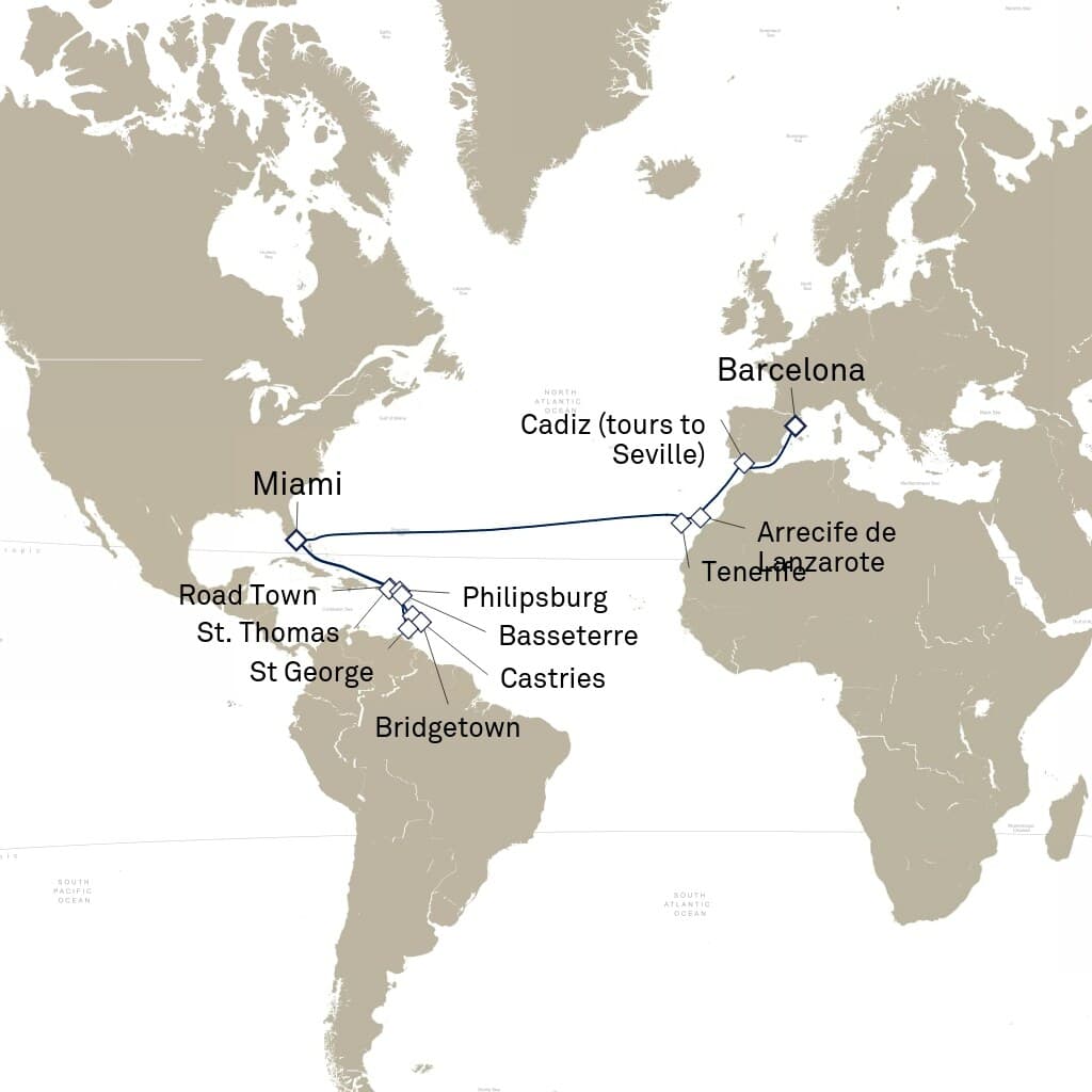 27 nights Caribbean cruise on Queen Elizabeth
from ๐ช๐ธ Barcelona to ๐บ๐ธ Miami