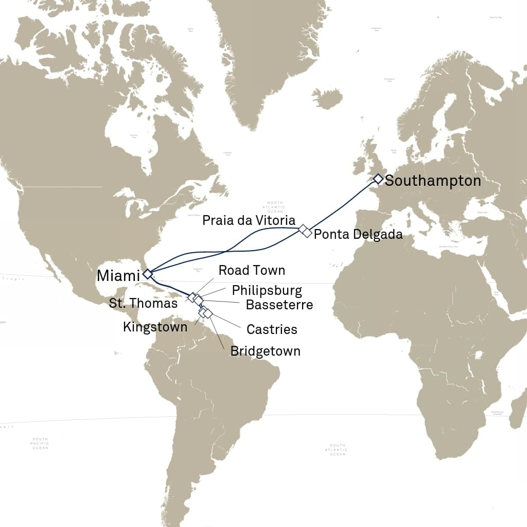 26 nights Caribbean cruise on Queen Elizabeth 
from 🇺🇸 Miami to 🇬🇧 Southampton 