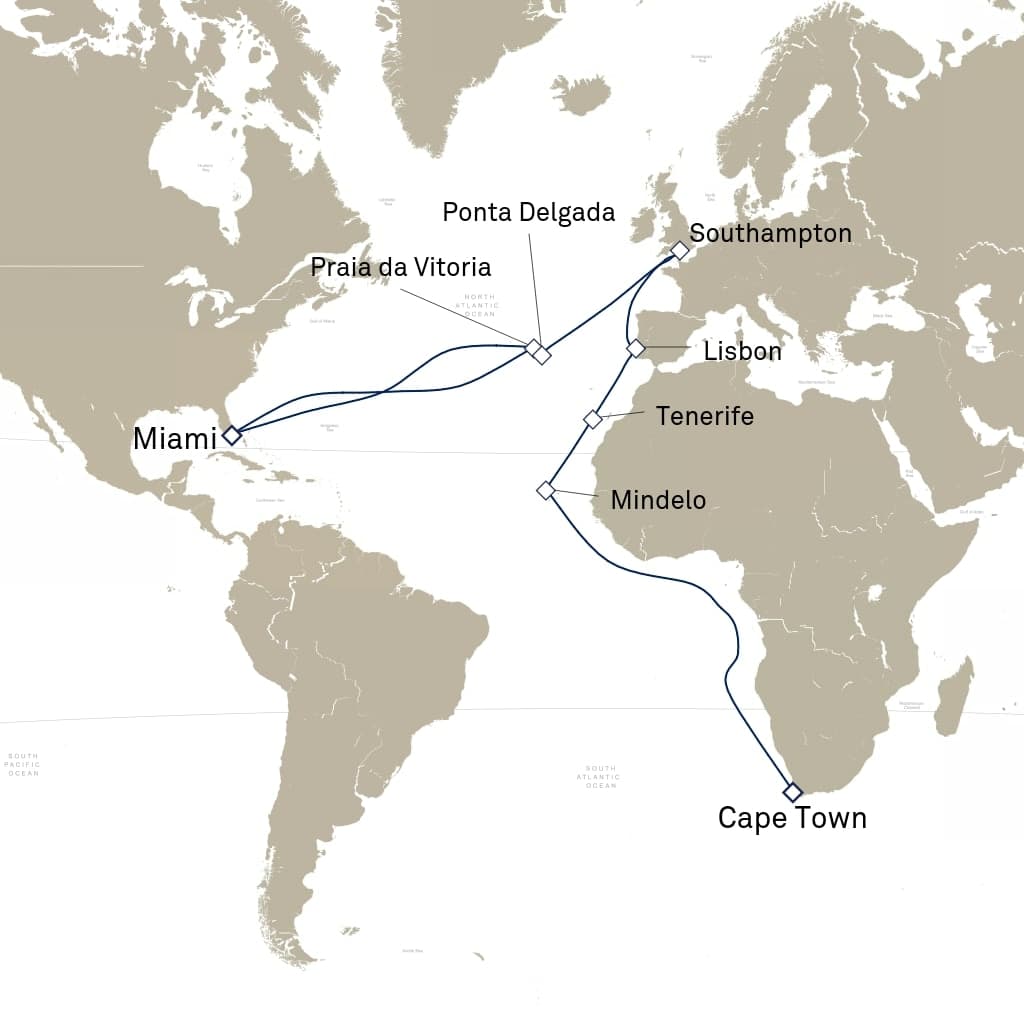 30 nights Extraordinary cruise on Queen Elizabeth
from 🇺🇸 Miami to 🇿🇦 Cape Town