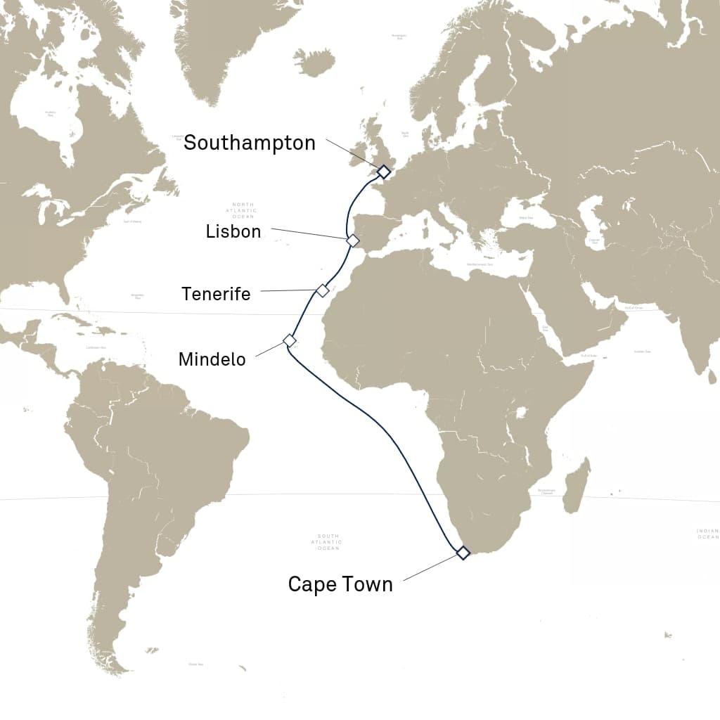 18 nights Asian cruise on Queen Elizabeth 
from 🇬🇧 Southampton to 🇿🇦 Cape Town 