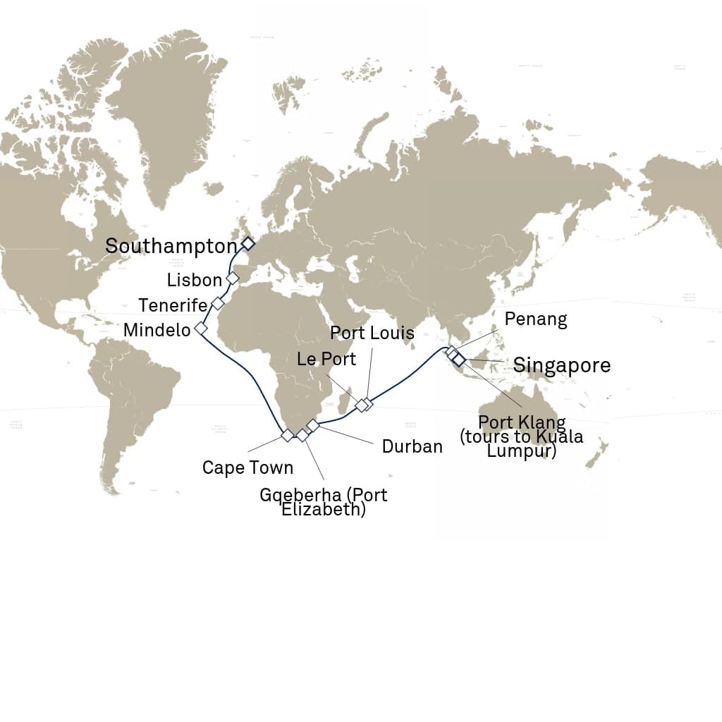 38 nights Extraordinary cruise on Queen Elizabeth
from ๐ฌ๐ง Southampton to ๐ธ๐ฌ Singapore