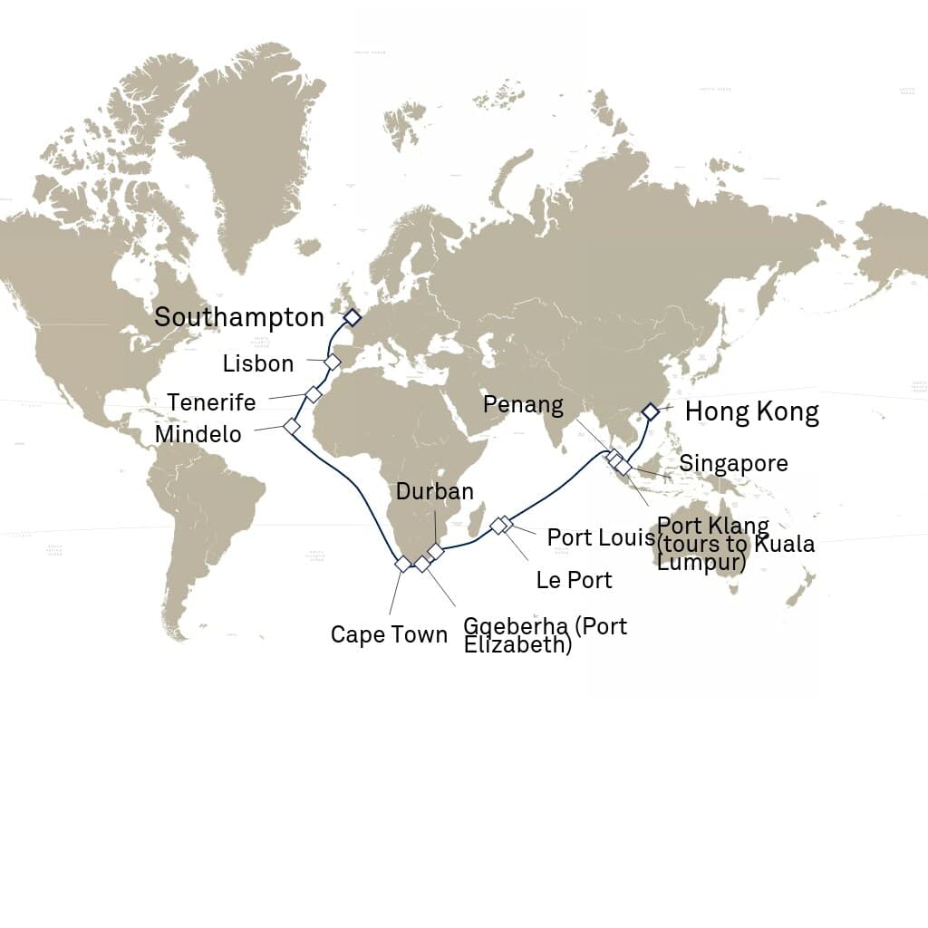 43 nights Extraordinary cruise on Queen Elizabeth 
from 🇬🇧 Southampton to 🇭🇰 Hong Kong 