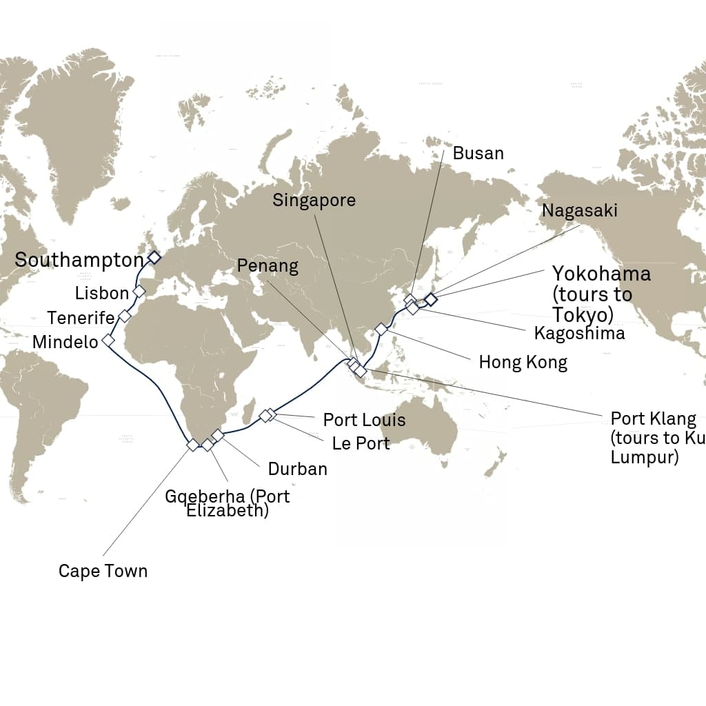 51 nights Extraordinary cruise on Queen Elizabeth
from ๐ฌ๐ง Southampton to ๐ฏ๐ต Yokohama