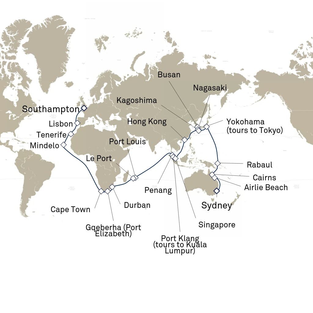 67 nights Extraordinary cruise on Queen Elizabeth
from ๐ฌ๐ง Southampton to ๐ฆ๐บ Sydney
