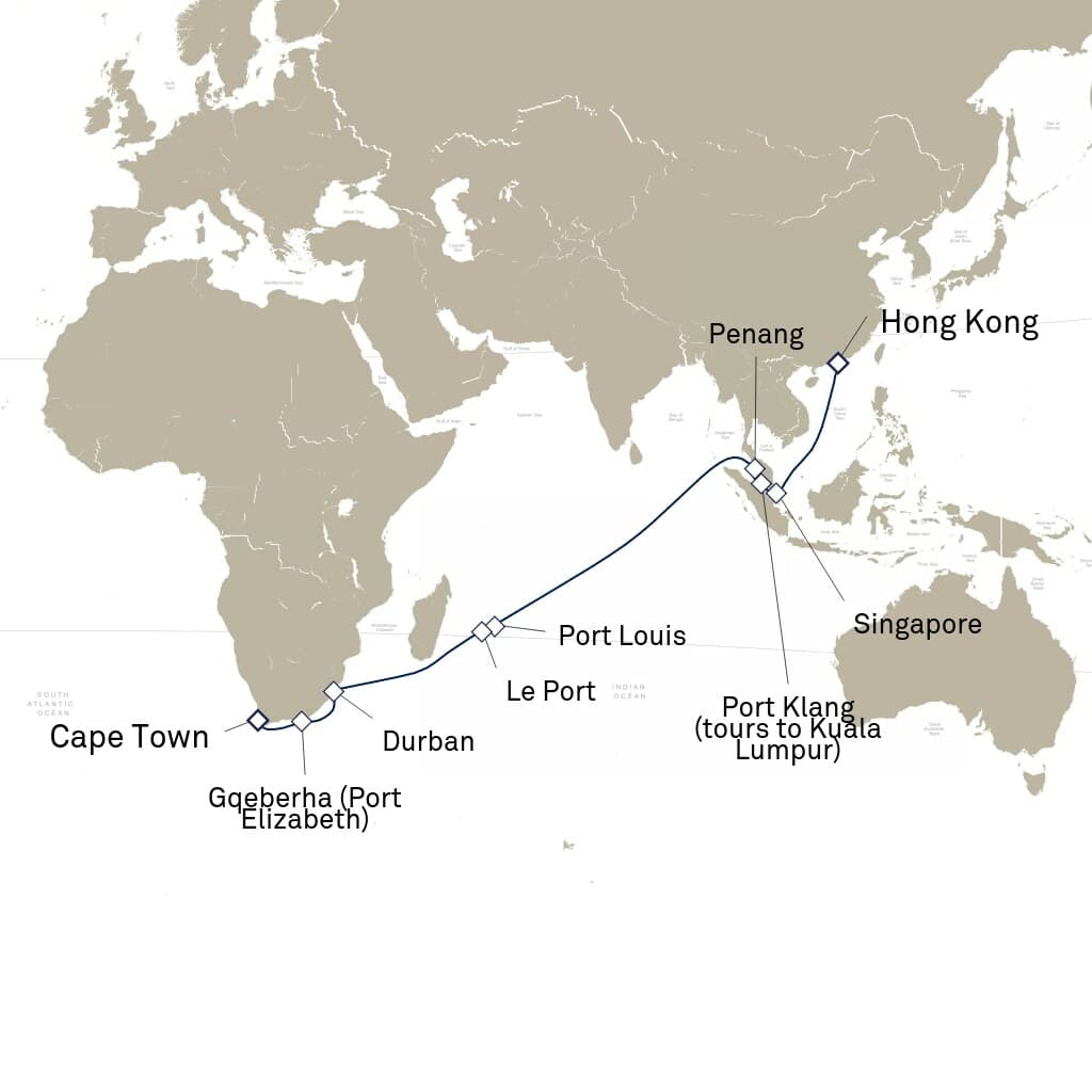 25 nights Extraordinary cruise on Queen Elizabeth
from 🇿🇦 Cape Town to ðŸ‡ðŸ‡° Hong Kong