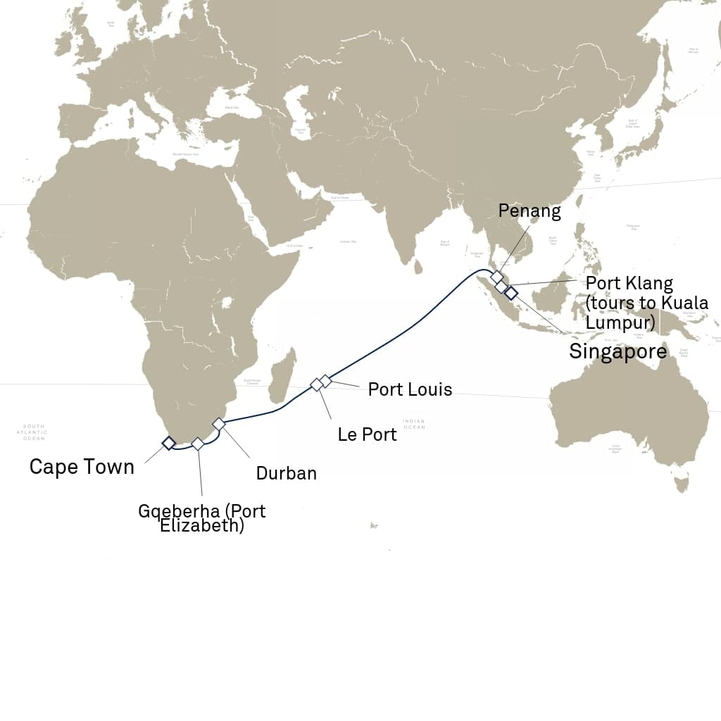 20 nights Asian cruise on Queen Elizabeth
from ๐ฟ๐ฆ Cape Town to ๐ธ๐ฌ Singapore