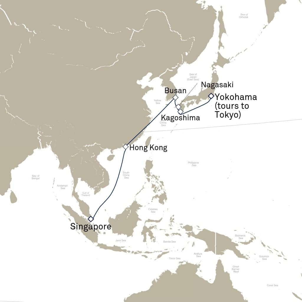 13 nights Asian cruise on Queen Elizabeth 
from 🇸🇬 Singapore to 🇯🇵 Yokohama 