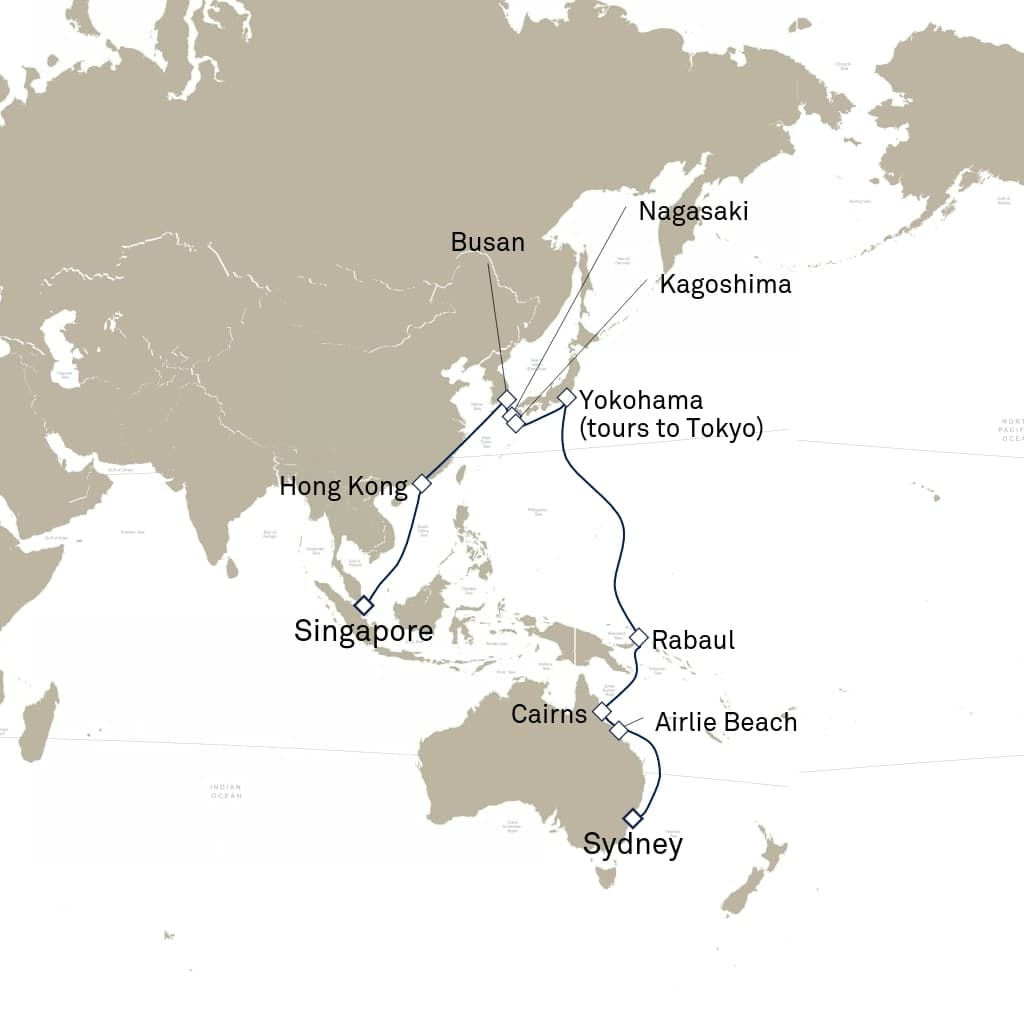 29 nights Asian cruise on Queen Elizabeth
from ๐ธ๐ฌ Singapore to ๐ฆ๐บ Sydney