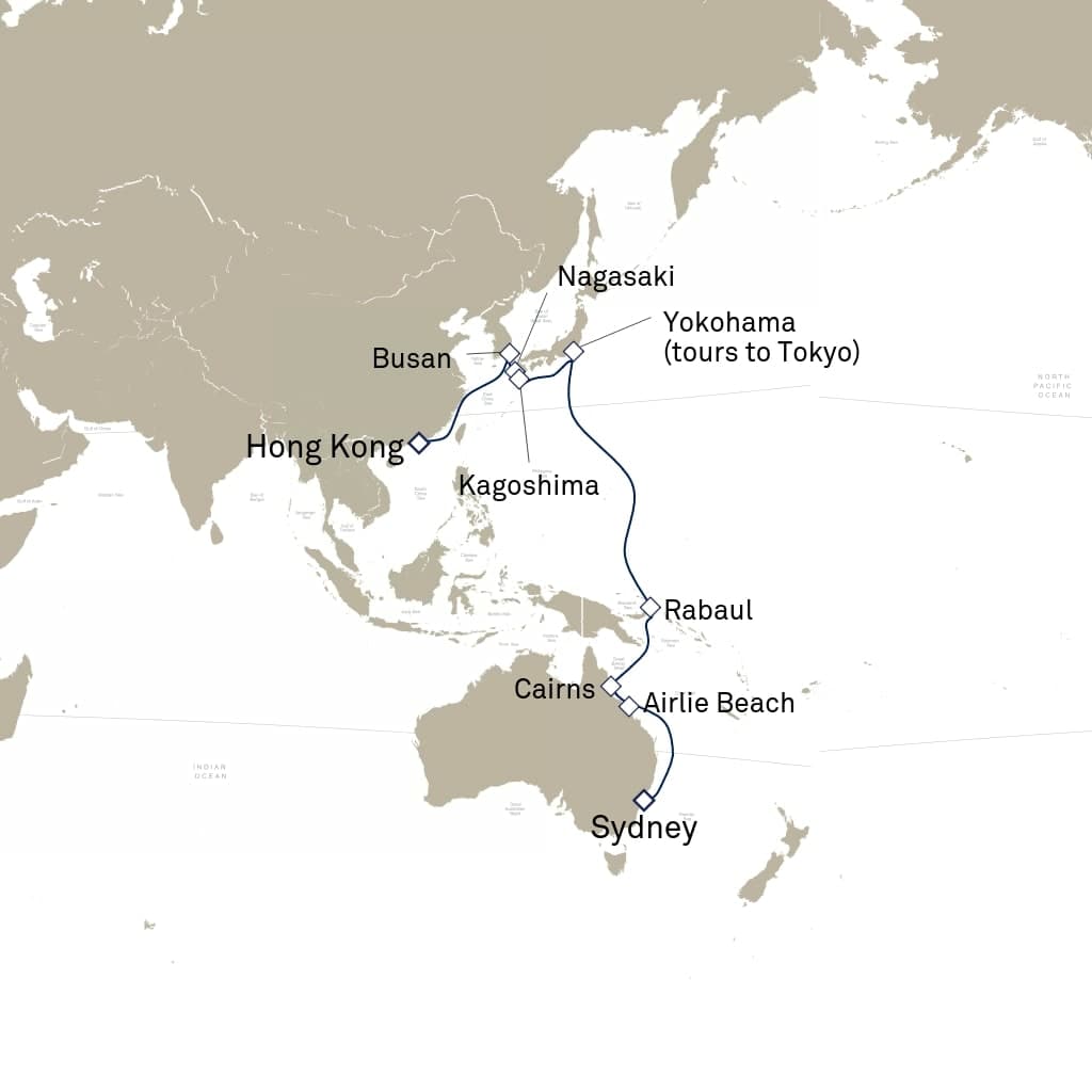 24 nights Asian cruise on Queen Elizabeth
from ๐ญ๐ฐ Hong Kong to ๐ฆ๐บ Sydney
