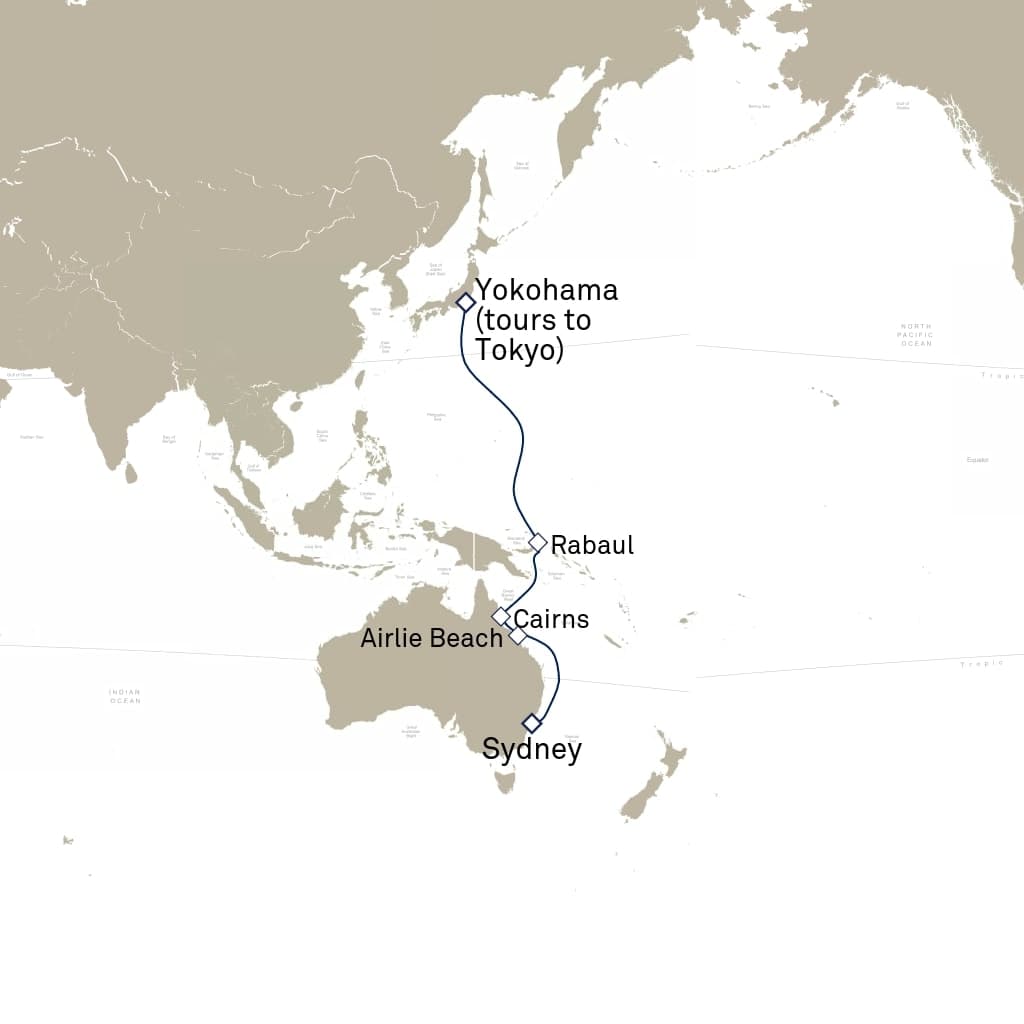 16 nights Extraordinary cruise on Queen Elizabeth 
from 🇯🇵 Yokohama to 🇦🇺 Sydney 