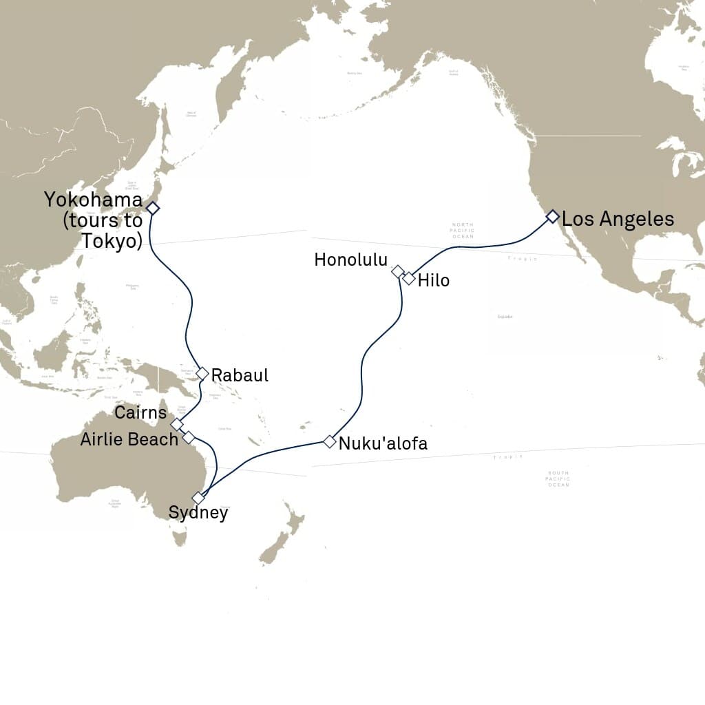 36 nights Extraordinary cruise on Queen Elizabeth 
from 🇯🇵 Yokohama to 🇺🇸 Los Angeles 