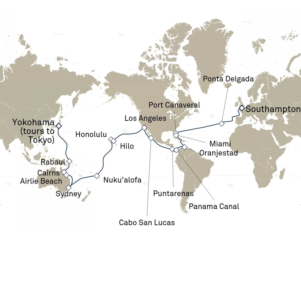 62 nights Extraordinary cruise on Queen Elizabeth 
from 🇯🇵 Yokohama to 🇬🇧 Southampton 