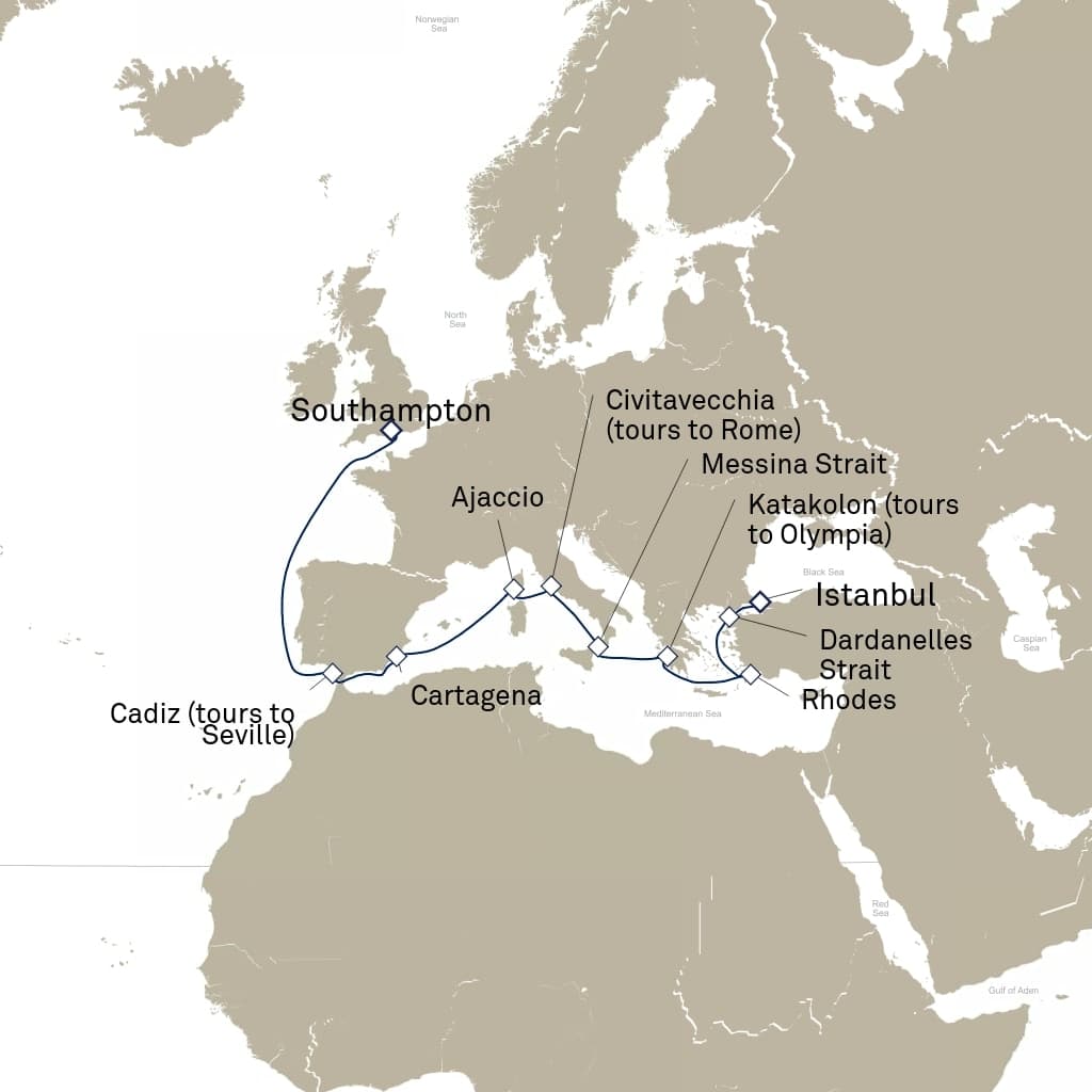 15 nights Mediterranean cruise on Queen Elizabeth 
from 🇬🇧 Southampton to 🇹🇷 Istanbul 