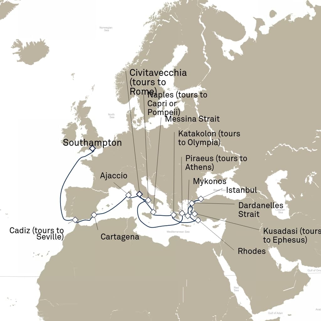 22 nights Mediterranean cruise on Queen Elizabeth 
from 🇬🇧 Southampton to 🇮🇹 Civitavecchia 