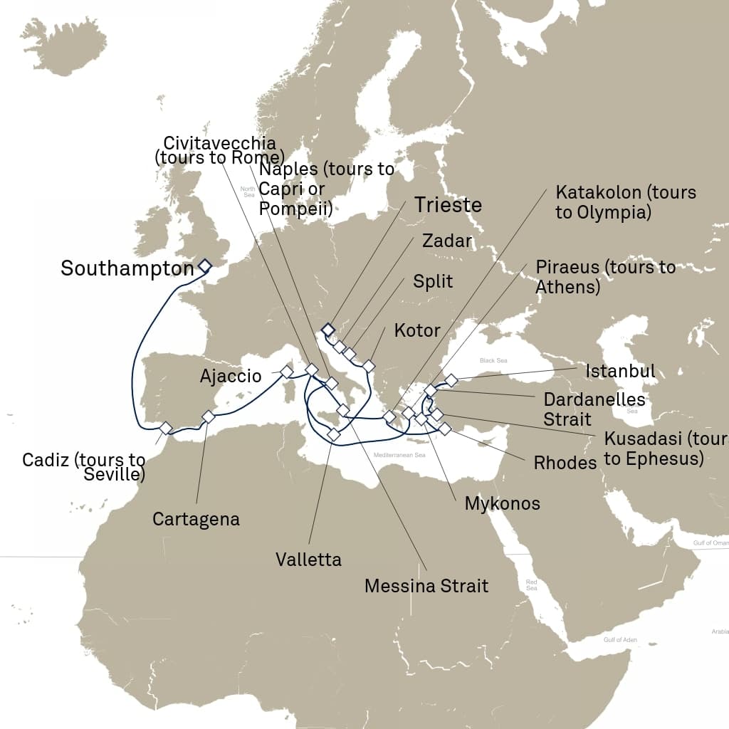 29 nights Mediterranean cruise on Queen Elizabeth
from ๐ฌ๐ง Southampton to ๐ฎ๐น Trieste