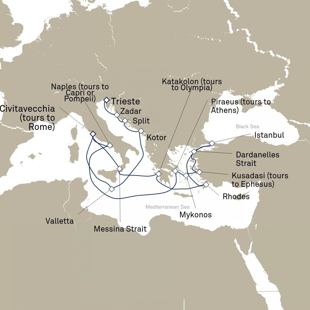 21 nights Mediterranean cruise on Queen Elizabeth 
from 🇮🇹 Civitavecchia to 🇮🇹 Trieste 
