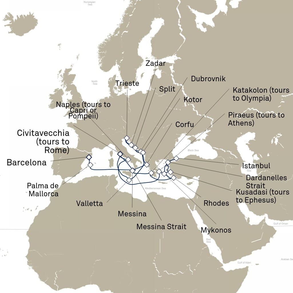 28 nights Mediterranean cruise on Queen Elizabeth
from ๐ฎ๐น Civitavecchia to ๐ช๐ธ Barcelona