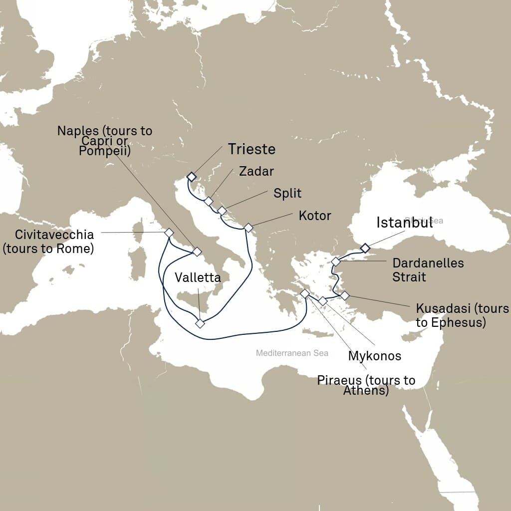 14 nights Mediterranean cruise on Queen Elizabeth 
from 🇹🇷 Istanbul to 🇮🇹 Trieste 
