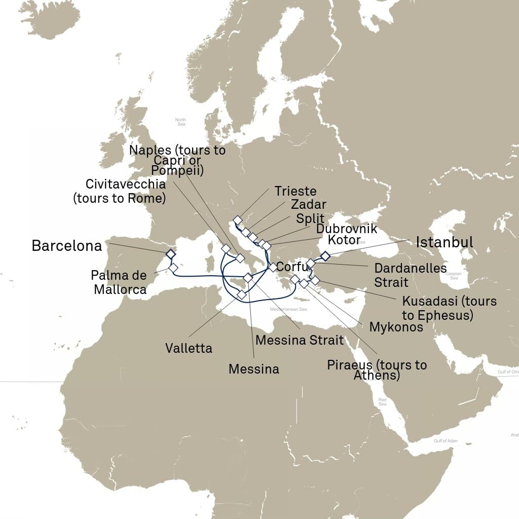 21 nights Mediterranean cruise on Queen Elizabeth 
from 🇹🇷 Istanbul to 🇪🇸 Barcelona 