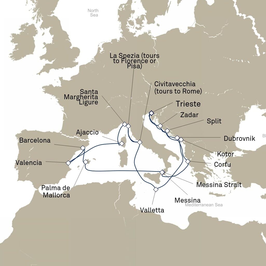 21 nights Mediterranean cruise on Queen Elizabeth
from ๐ฎ๐น Trieste