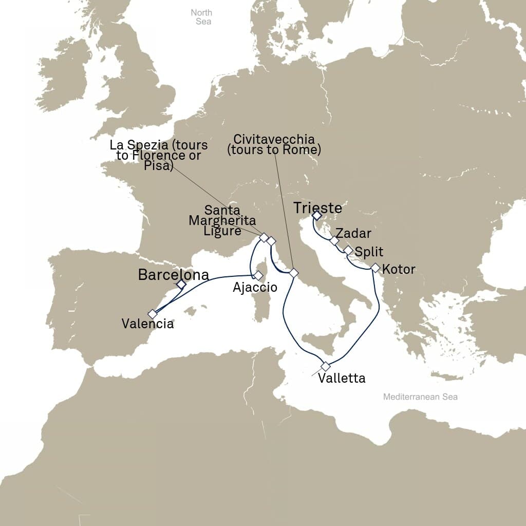 14 nights Mediterranean cruise on Queen Elizabeth 
from 🇪🇸 Barcelona to 🇮🇹 Trieste 