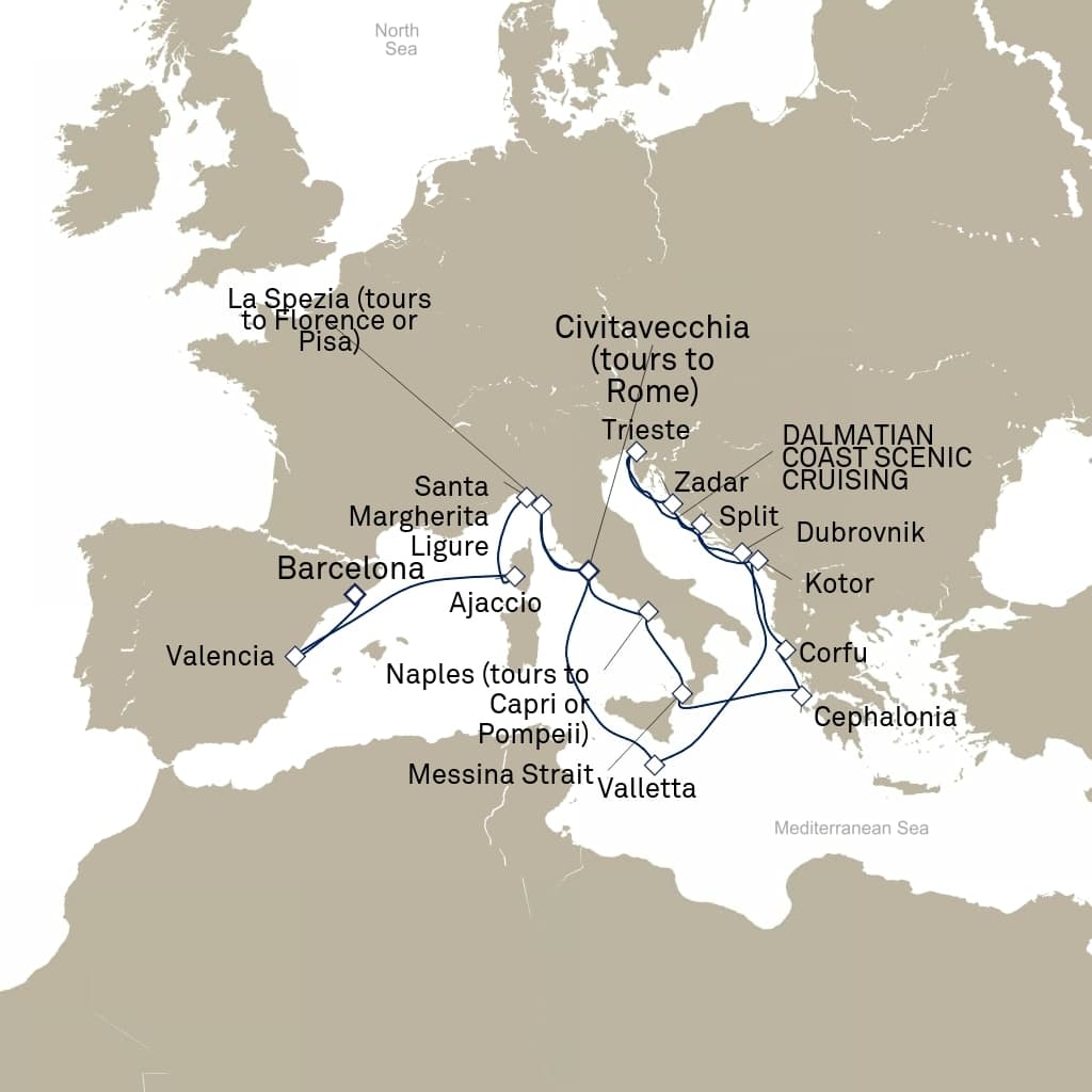 21 nights Mediterranean cruise on Queen Elizabeth 
from 🇪🇸 Barcelona to 🇮🇹 Civitavecchia 
