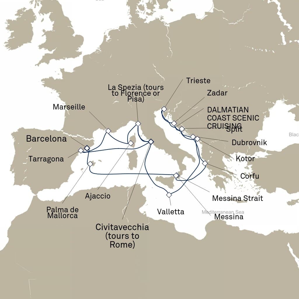 21 nights Mediterranean cruise on Queen Elizabeth
from ๐ฎ๐น Civitavecchia to ๐ช๐ธ Barcelona