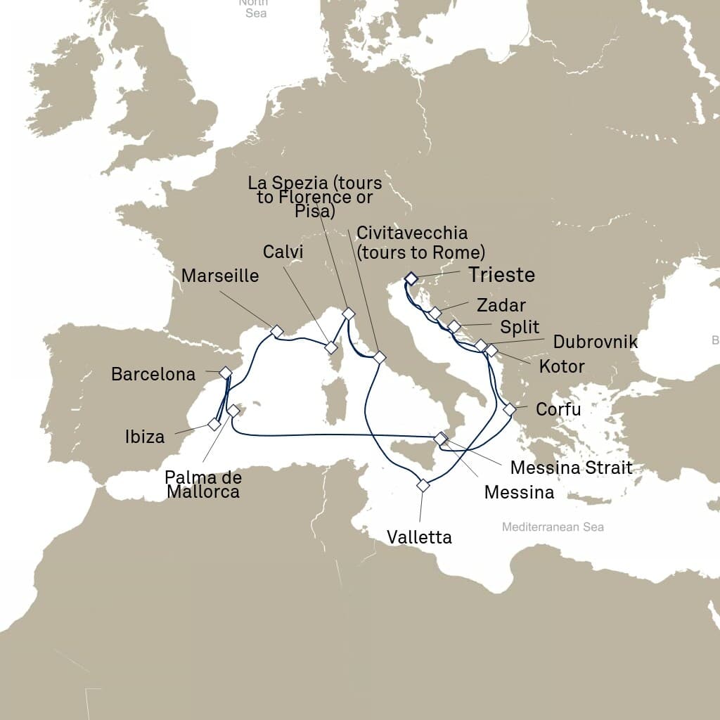 21 nights Mediterranean cruise on Queen Elizabeth
from ๐ฎ๐น Trieste