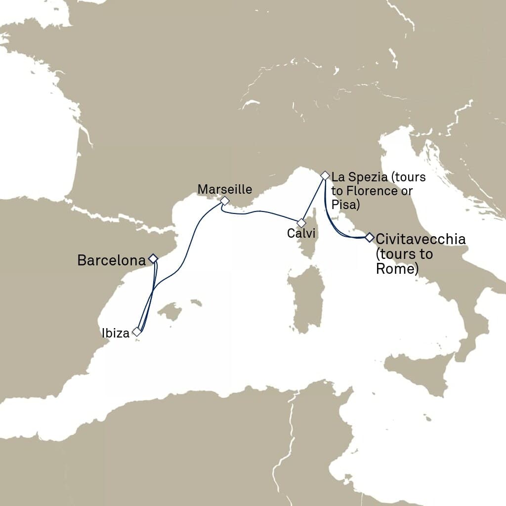 7 nights Mediterranean cruise on Queen Elizabeth
from ๐ช๐ธ Barcelona to ๐ฎ๐น Civitavecchia