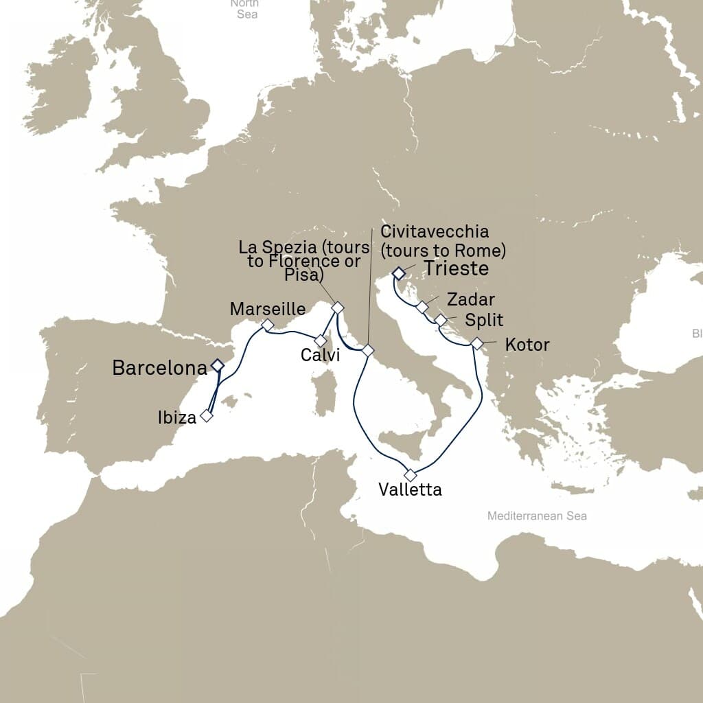 14 nights Mediterranean cruise on Queen Elizabeth 
from 🇪🇸 Barcelona to 🇮🇹 Trieste 