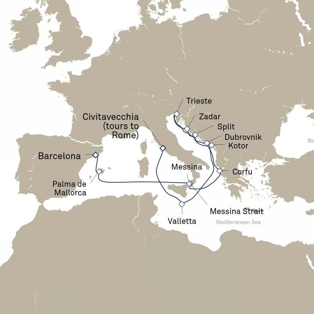 14 nights Mediterranean cruise on Queen Elizabeth 
from 🇮🇹 Civitavecchia to 🇪🇸 Barcelona 