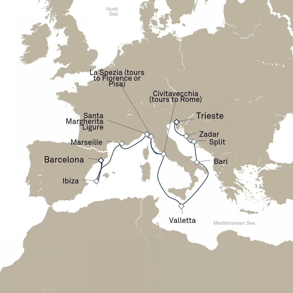 14 nights Mediterranean cruise on Queen Elizabeth 
from 🇪🇸 Barcelona to 🇮🇹 Trieste 