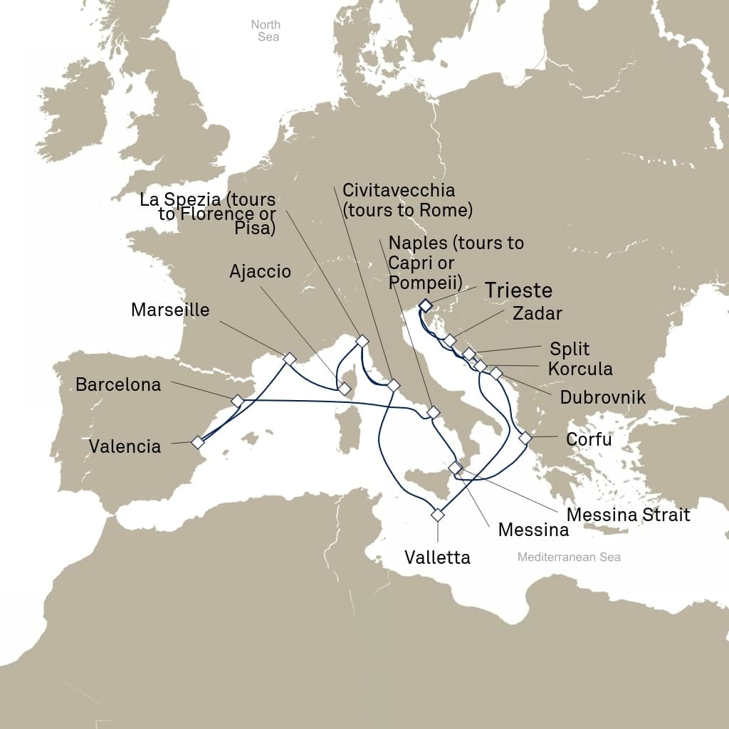 21 nights Mediterranean cruise on Queen Elizabeth
from ๐ฎ๐น Trieste