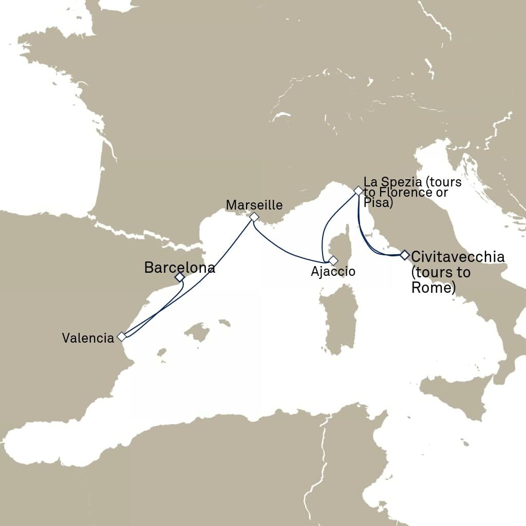 7 nights Mediterranean cruise on Queen Elizabeth
from ๐ช๐ธ Barcelona to ๐ฎ๐น Civitavecchia