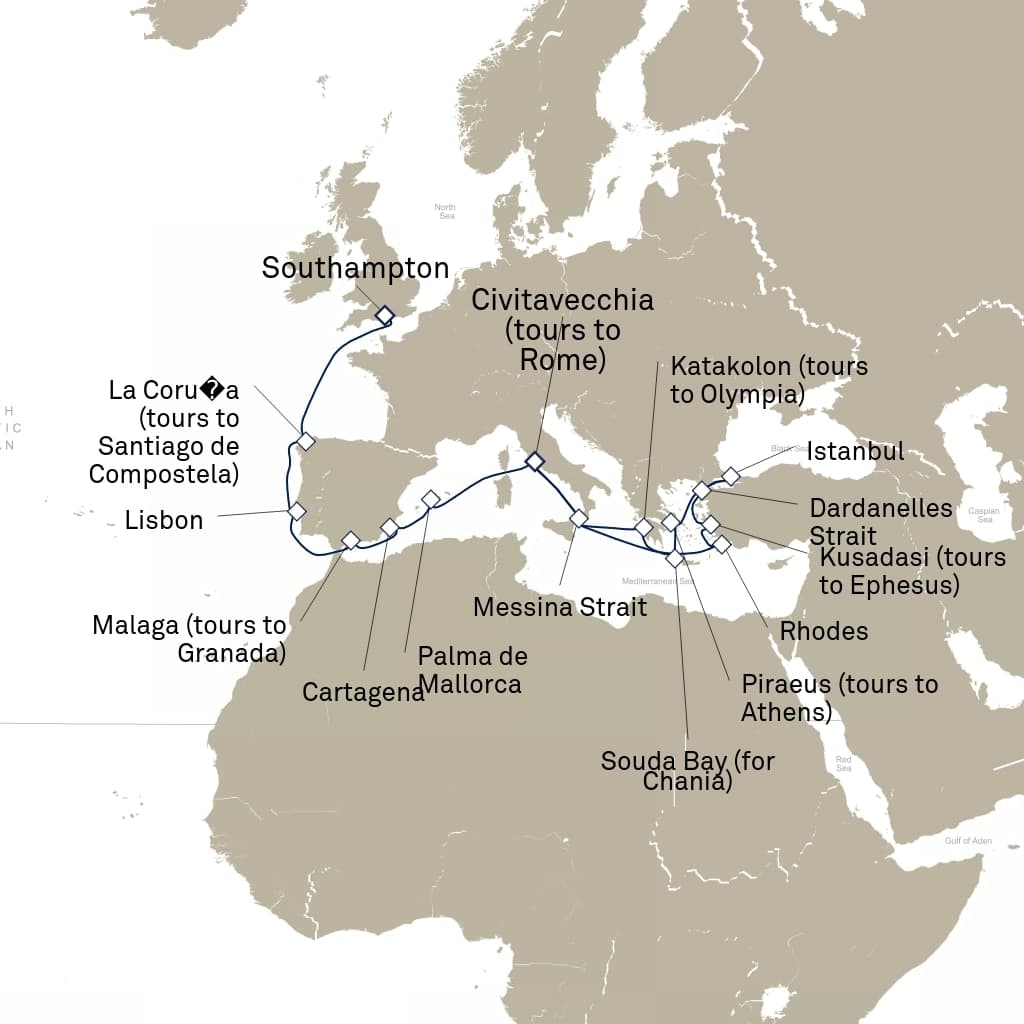 25 nights Mediterranean cruise on Queen Victoria 
from 🇮🇹 Civitavecchia to 🇬🇧 Southampton 