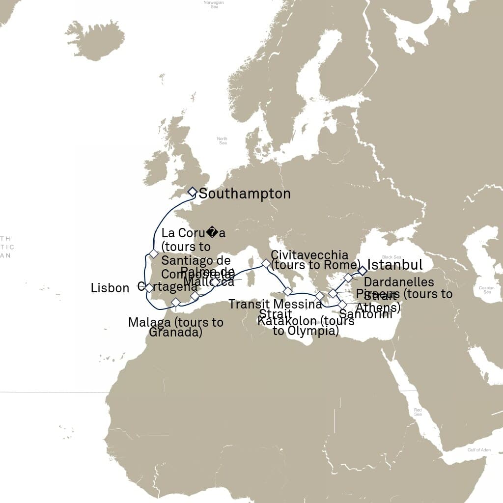 18 nights Mediterranean cruise on Queen Victoria 
from 🇹🇷 Istanbul to 🇬🇧 Southampton 