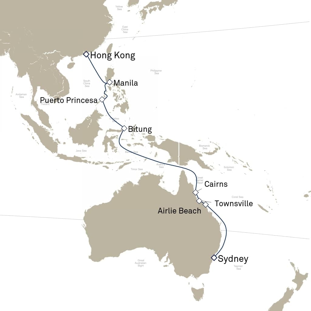 19 nights Asian cruise on Queen Victoria 
from 🇦🇺 Sydney to 🇭🇰 Hong Kong 