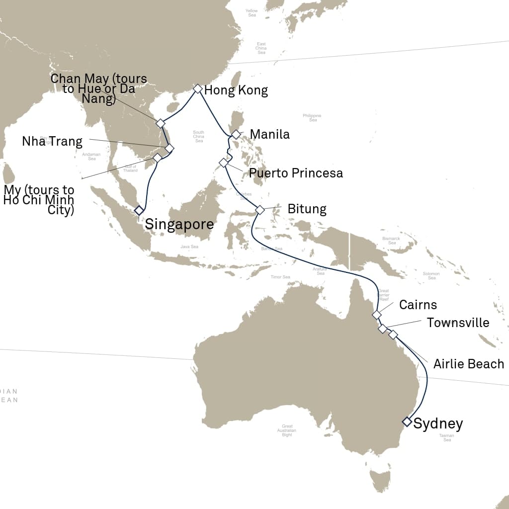 26 nights Asian cruise on Queen Victoria 
from 🇦🇺 Sydney to 🇸🇬 Singapore 