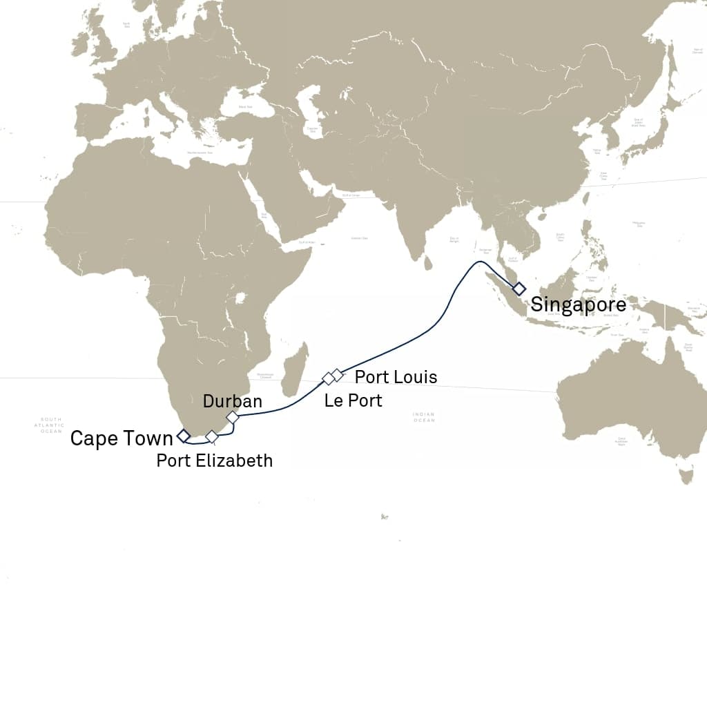 19 nights Asian cruise on Queen Victoria
from ๐ธ๐ฌ Singapore to ๐ฟ๐ฆ Cape Town