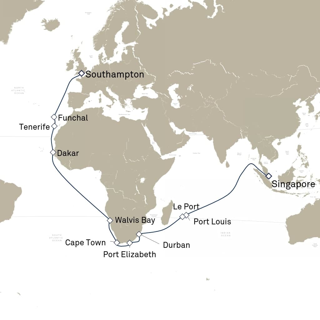 39 nights Extraordinary cruise on Queen Victoria
from ๐ธ๐ฌ Singapore to ๐ฌ๐ง Southampton