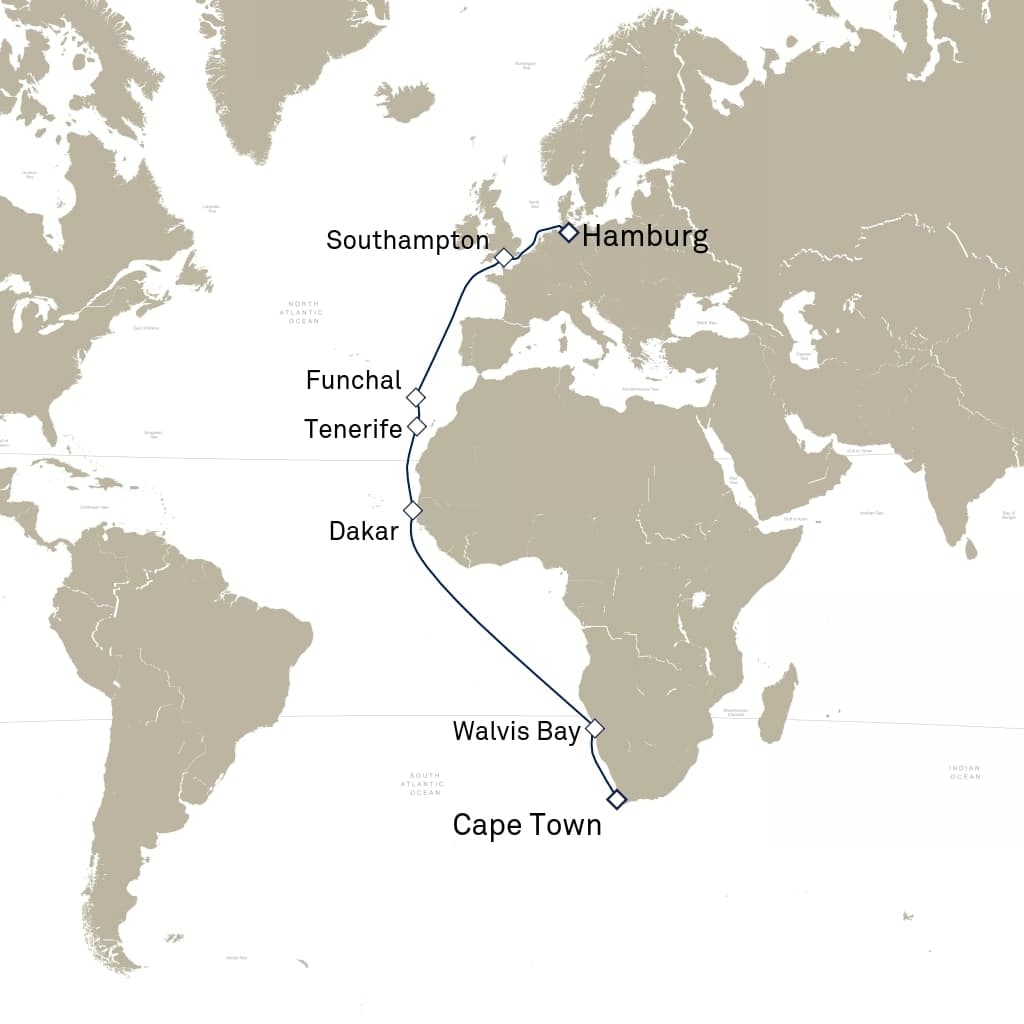 22 nights Asian cruise on Queen Victoria 
from 🇿🇦 Cape Town to 🇩🇪 Hamburg 
